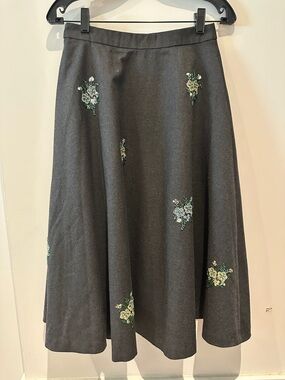 NWOT - Selfwho Embroidered A-Line Midi Skirt - Dark Gray with Floral Accents